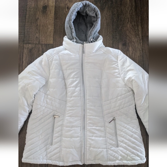 DETAILS INTL Womens White Puffer Jacket/Coat w/ Gray Sweatshirt Hood - Size XXL. - Picture 2 of 16